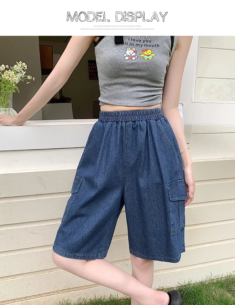 2026 Summer New Women's Denim Shorts Straight Trendy Loose Versatile Dad Shorts Thin Japanese Style Knee-length Pants