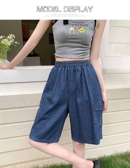 2026 Summer New Women's Denim Shorts Straight Trendy Loose Versatile Dad Shorts Thin Japanese Style Knee-length Pants