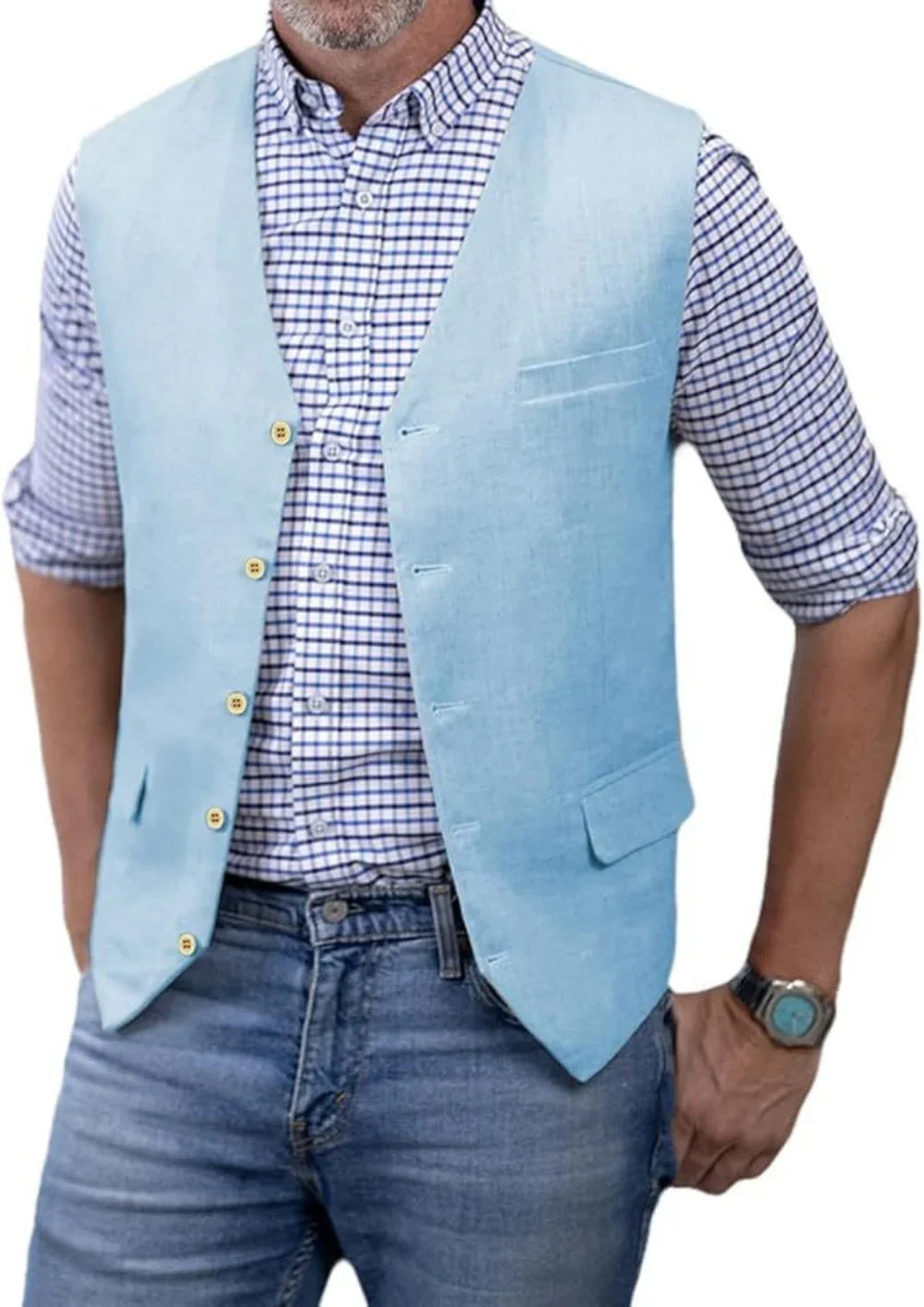 V Neck  Men's Vest Linen Suit Vest Summer Leisure Cotton Linen Waistcoat For Beach