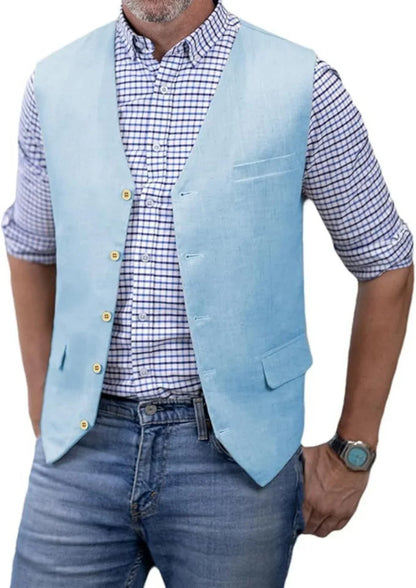 V Neck  Men's Vest Linen Suit Vest Summer Leisure Cotton Linen Waistcoat For Beach