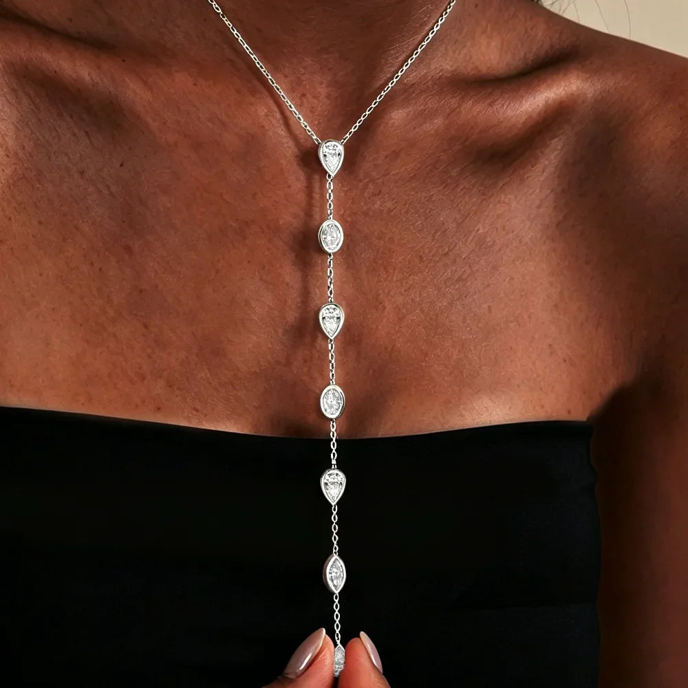 Multi Shape Moissanite Lariat Necklace for Women S925 Silver Bezel Set Pear/Oval Marquise Diamond Long Tassel Drop Necklace