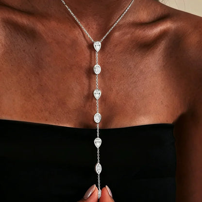 Multi Shape Moissanite Lariat Necklace for Women S925 Silver Bezel Set Pear/Oval Marquise Diamond Long Tassel Drop Necklace