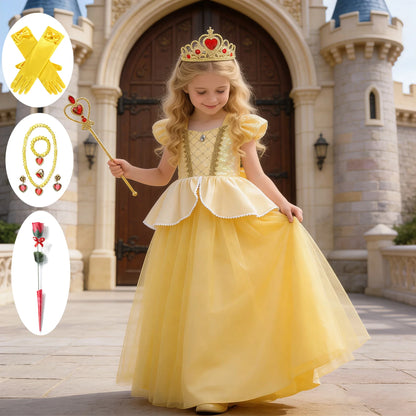Kids Belle Elegant Costume Girls Halloween Princess Cosplay Party Mesh Dress Children Birthday Clothes Carnival Luxury Ball Gown