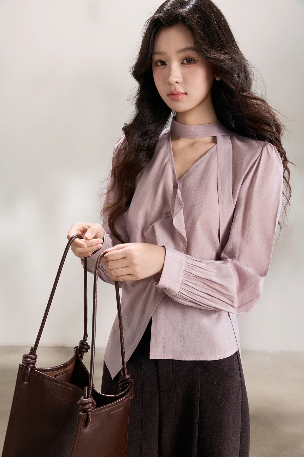 Women's Purple Sweet Shirts 2026 Spring Ribbon V-Neck Ruffled Asymmetrical Shirt Back Lace-up Waist Casual Top MXF13X2527