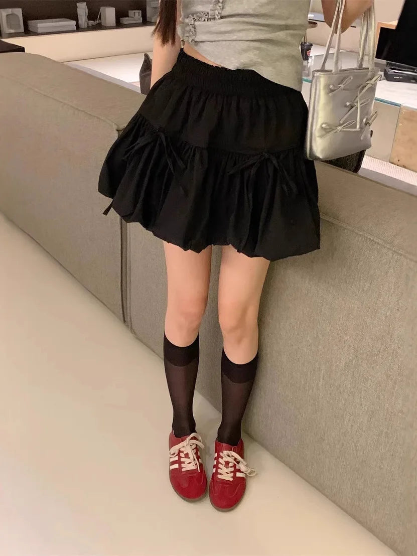 Sweet  Knot Puffy A-Line  Skirt Women's Summer Polyester Fiber High Waist Flower Bud Skirt Casual Sle