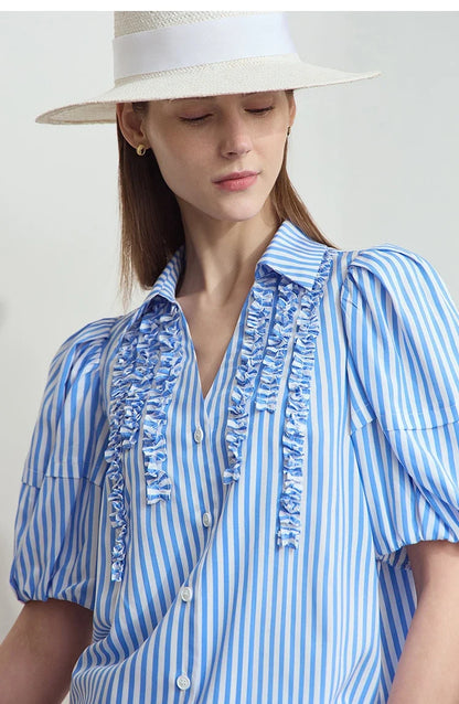 Minimalist New Summer Style 2025 Shirt for Women Turn Down Collar V-neck Lantern Sleeves Blue White Stripes Shirt 12542087
