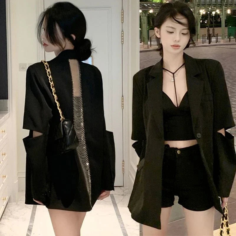Premium Black Blazer for Women Spring Autumn New Arrival Sexy Backless Chain Accent Oversized Single Button Chic Feminine Design
