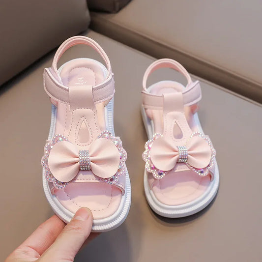 Girl Sandal Kid Summer Elegant Bling Rhinestone Party Princess Beach Shoes Cute Bowknot School Shoes for Kids Flat Heel F05201
