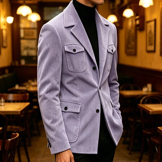 Vintage Men's Corduroy Blazer Notch Lapel Slim Fit Jacket with Four Flap Pockets Business Casual Coat For Daily Outerwear