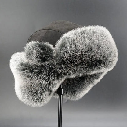 Suede Leather Russian Cossack Ski Cap Earflap Bonnet Faux Fur Earflap Bomber Hats Trapper Hat
