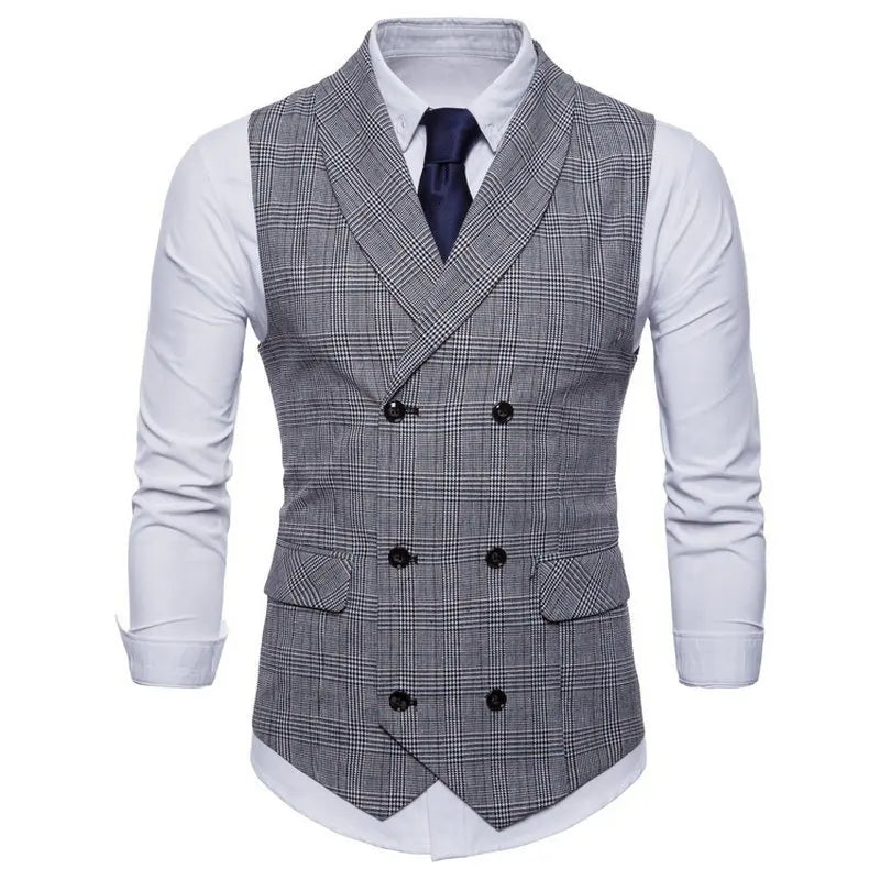 New Men's Checkered Vest, Male Casual Business Suit Vest, Plus Size British-Style  Four Seasons Double Breasted Slim Fit Vest