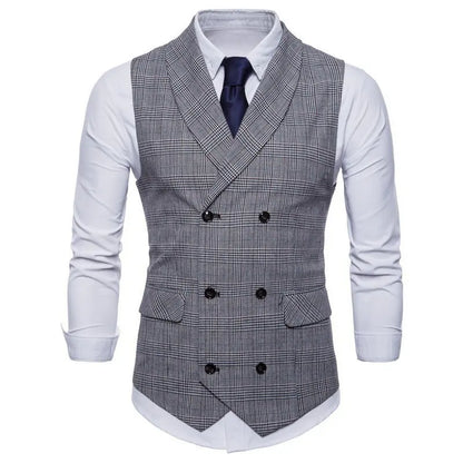New Men's Checkered Vest, Male Casual Business Suit Vest, Plus Size British-Style  Four Seasons Double Breasted Slim Fit Vest