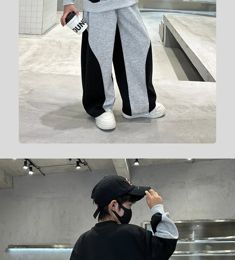 Spring Boys Black x Grey Contrast Pullover Sweatshirt+Sweatpant Work Set School Kid 2PCS Tracksuit Children Jogger Outfit 5-16Yr