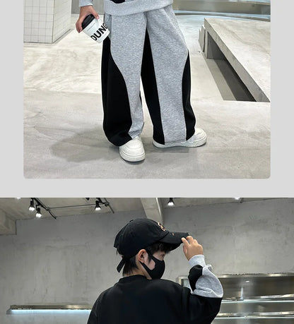Spring Boys Black x Grey Contrast Pullover Sweatshirt+Sweatpant Work Set School Kid 2PCS Tracksuit Children Jogger Outfit 5-16Yr