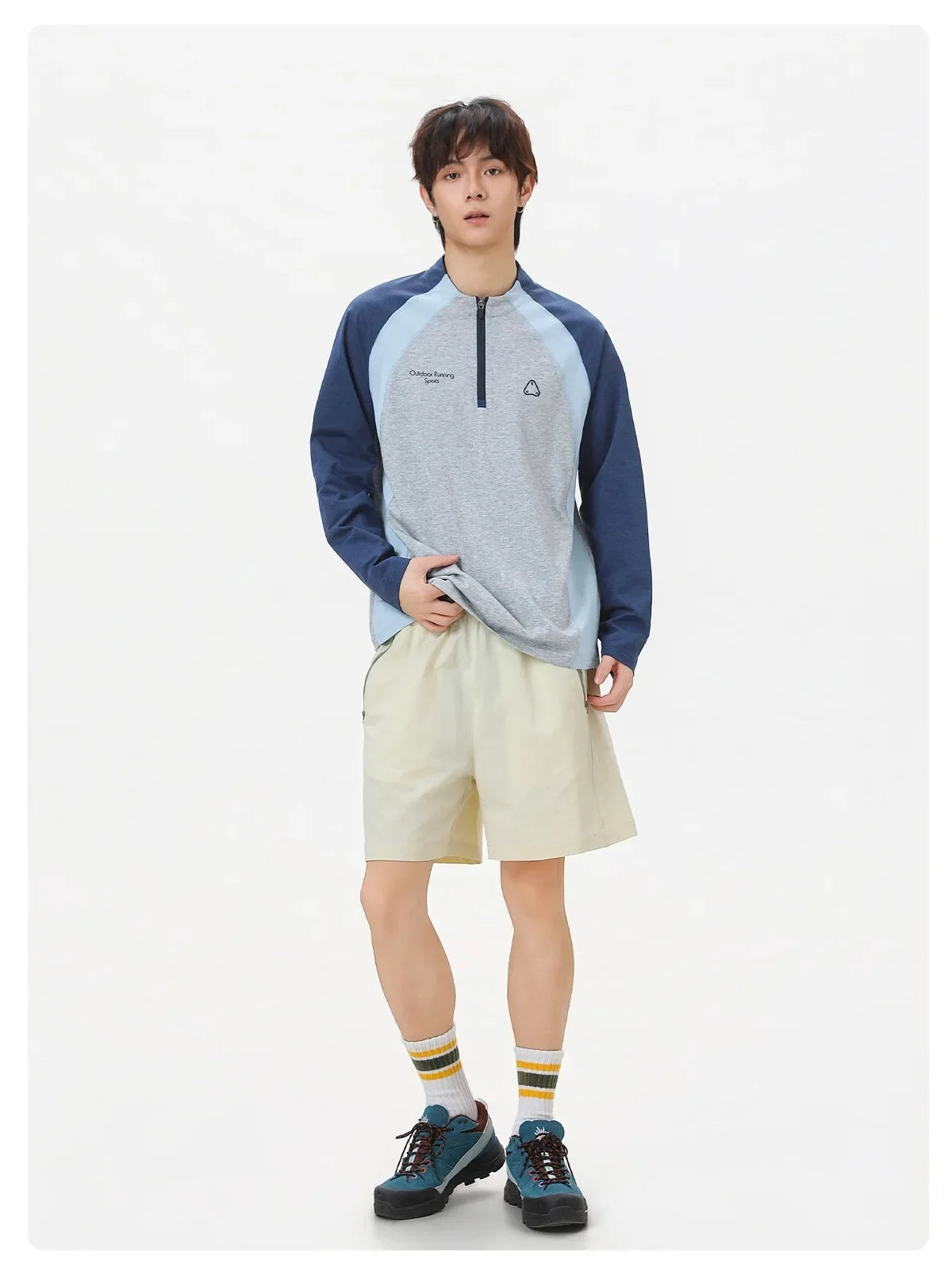 Men's Retro Colorblock Raglan Sleeve Long Sleeve T-Shirt – Loose Fit Half-Zip Athletic Top with Moisture-Wicking Fabric