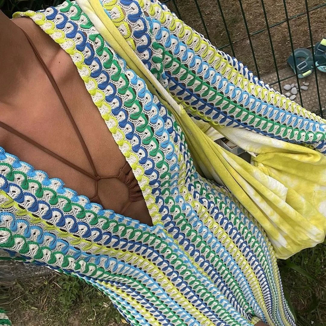 Crochet Colorful Stripe Maxi Dress Women Flare Sleeve Deep V-neck Split Sexy Long Dresses Spring Autumn Beach Banquet Vestidos