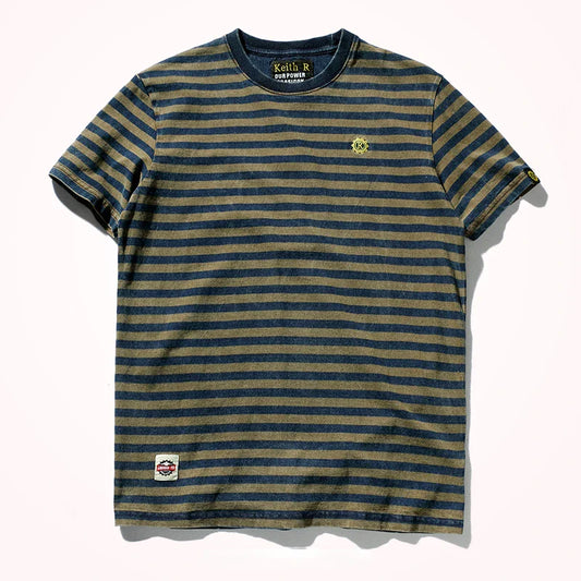 Striped T-shirt Men's Short Sleeve New Pure Cotton Slim Trend Simple Joker Round Neck Old Washed Short Sleeve T-shirt