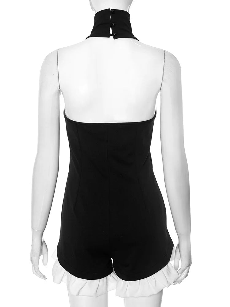 Ruffled Patchwork Sexy Rompers Female Patchwork Off-Shoulder High Waist Contrast Summer 2025 Women's Jumpsuit Bodysuits