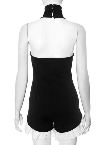 Ruffled Patchwork Sexy Rompers Female Patchwork Off-Shoulder High Waist Contrast Summer 2025 Women's Jumpsuit Bodysuits