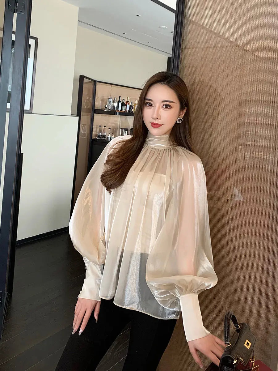 Spring Autumn Women Fashion Tops New Shirts Lantern Sleeve Stand Collar Solid Casual Vintage Elegant Temperament Long-Sleeved