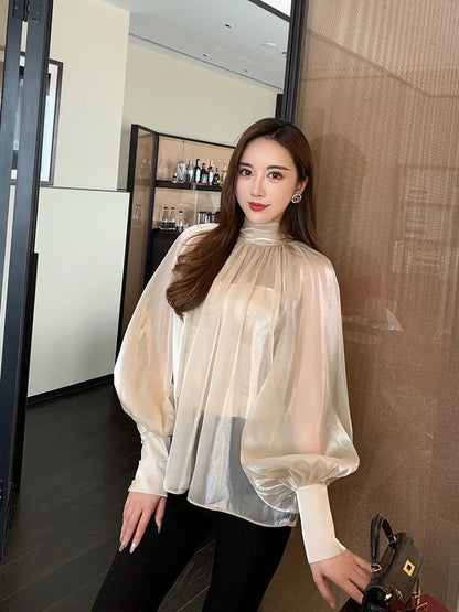 Spring Autumn Women Fashion Tops New Shirts Lantern Sleeve Stand Collar Solid Casual Vintage Elegant Temperament Long-Sleeved