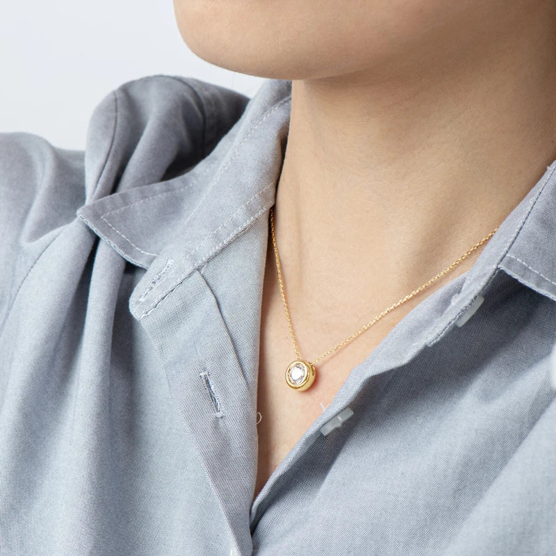 6.5mm Round Bezel Moissanite Pendant Necklace For Women 925 Sterling Silver Clavicle Chain Necklaces Jewelry Collare Mujer