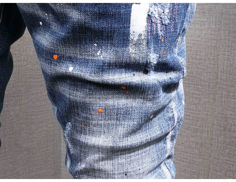 Fashion Streetwear Men Jeans Retro Black Blue Elastic Slim Fit Ripped Jeans Men Spliced Designer Embroidery Hip Hop Denim Pants