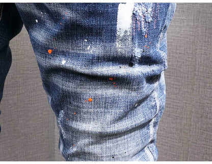 Fashion Streetwear Men Jeans Retro Black Blue Elastic Slim Fit Ripped Jeans Men Spliced Designer Embroidery Hip Hop Denim Pants
