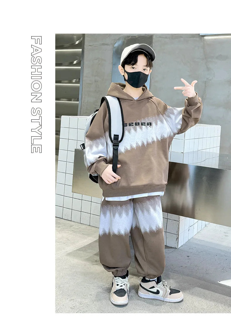Spring Autumn Boys Contrast Tie Dye Workout Sweatshirt+Sweatpant Sets School Kids 2PCS Tracksuit Children Jogging Outfits 5-16Yr