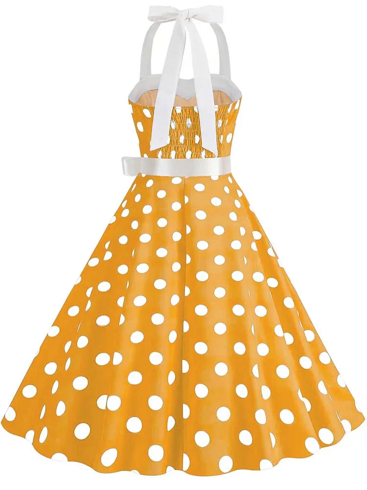Women Summer Party Dress With Belt Polka Dot Print Halter Hepburn Robe 50s 60s Vintage Dresses