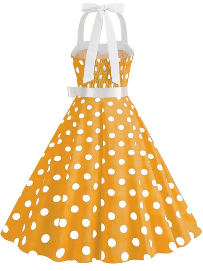 Women Summer Party Dress With Belt Polka Dot Print Halter Hepburn Robe 50s 60s Vintage Dresses