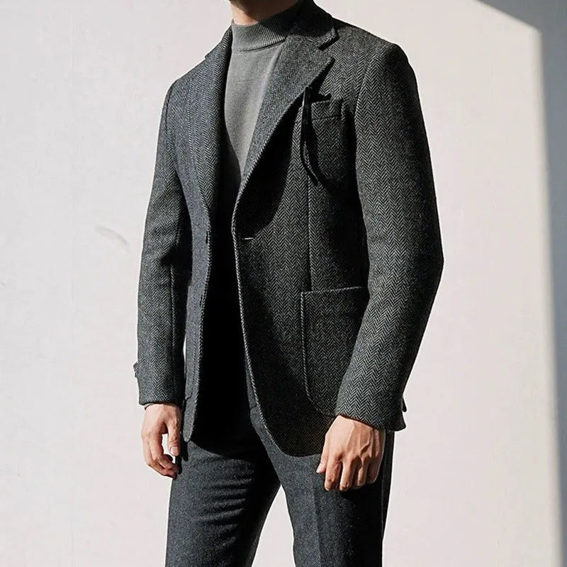 Autumn and Winter British Retro Wool Herringbone Men's Suit Jacket European and American Thick Tweed Woolen Coat
