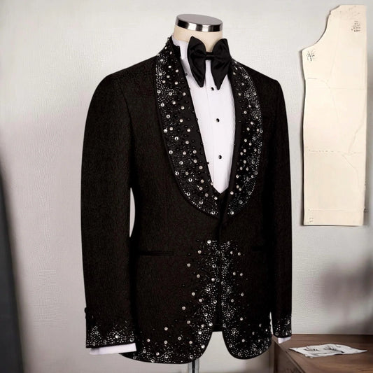 Suit For Man Black Tuxedo Set, Wedding Groom Suit, Two Piece Jewelry Ornament Tuxedo, Party For Men, Prom Men's Suit