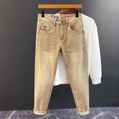 Elegant Slim Fit Men's Jeans Casual Khaki Straight Leg Elastic Fashionable City Style Summer Denim Pants Youth Wear