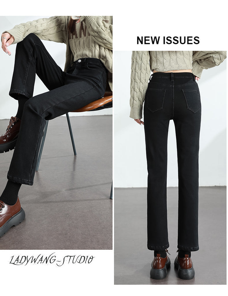 Women's Winter Fleece Warm Jeans Retro Slim Straight Elastic Cotton Thickened Warm Denim Pants Fashion Female Clothing