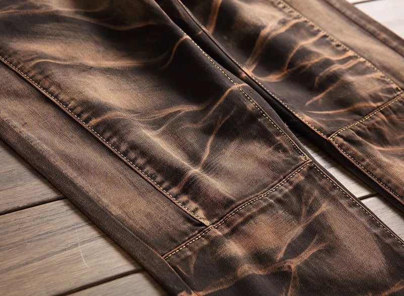 2026 Men's Fashion Vintage Jeans Slim Straight Leg Tie Dye Pleated Biker Denim Pants Male Casual Pants Oversized 42 High Quality