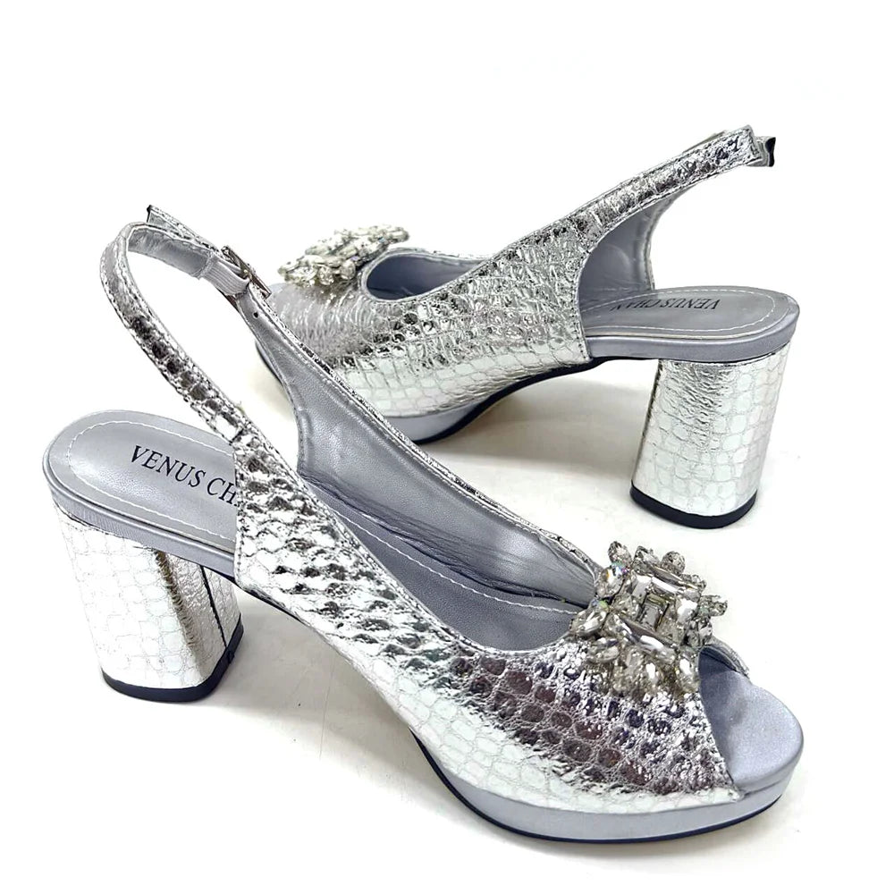 Italian Shoes and Bags Matching Set 2024 Women Heel Party for Silver Colour Italian Design Wedding Bigger Size Shoes