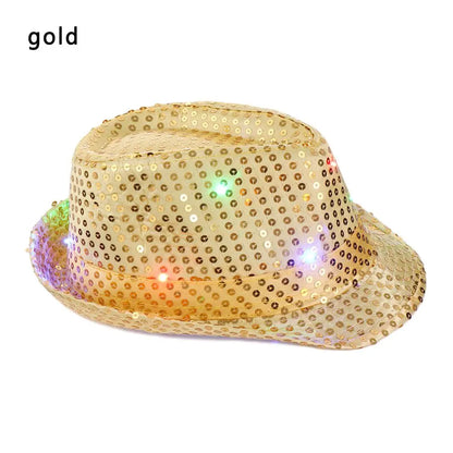 Unisex Light Up Flashing Led Fedora Trilby Jazz Hat Panama Cap Sequin