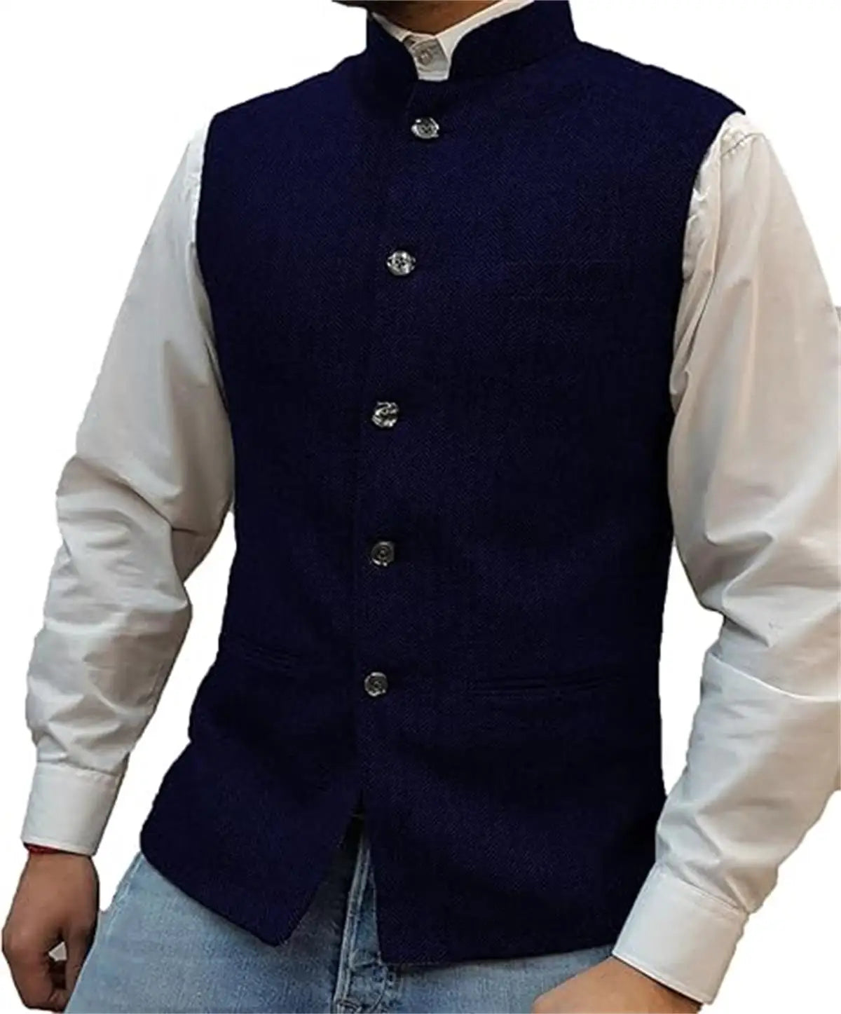 Mens Suit Tweed Vest Stand Collar Single Breasted Herringbone Sleeveless Waistcoat Casual Business Wedding Party Outerwear Gilet