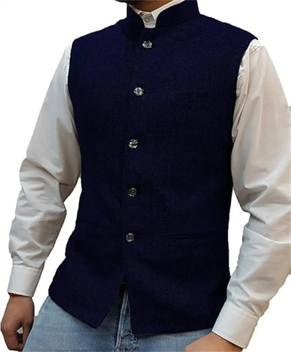 Mens Suit Tweed Vest Stand Collar Single Breasted Herringbone Sleeveless Waistcoat Casual Business Wedding Party Outerwear Gilet