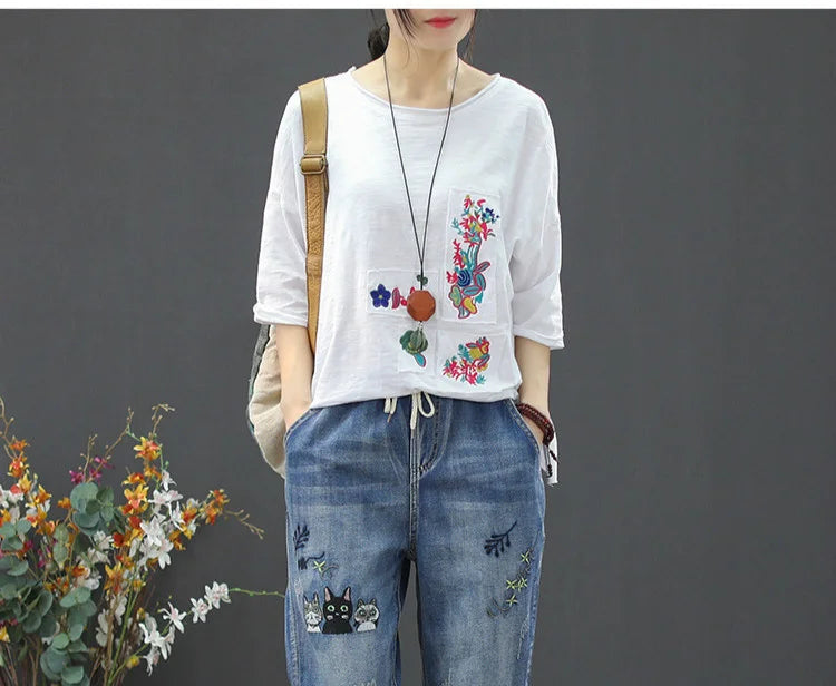 2025 Fashion Summer Streetwear Denim Trousers Ladies Vintage Elastic Jeans Womens Casual Loose Embroidery Harem Pants