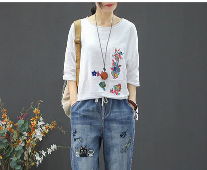 2025 Fashion Summer Streetwear Denim Trousers Ladies Vintage Elastic Jeans Womens Casual Loose Embroidery Harem Pants