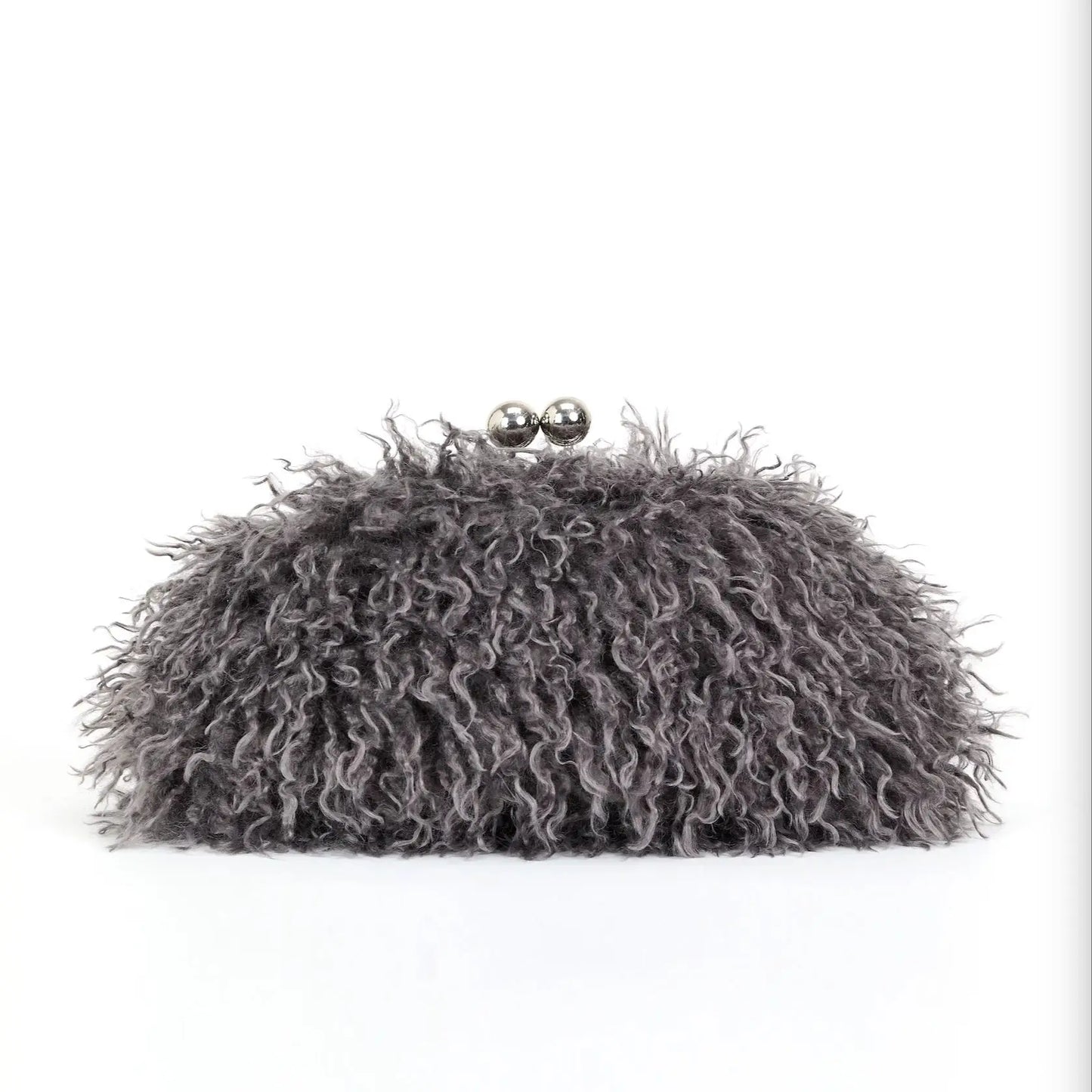 Women kisslock Faux Fur Clutch bag winter warm dark grey pouch frame clasp bag with chain crossbody