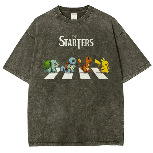 Premium Vintage Washed Cotton Pokemon Starters Abbey Road Print Oversized Unisex Anime Streetwear T-shirt for Men Women Fans