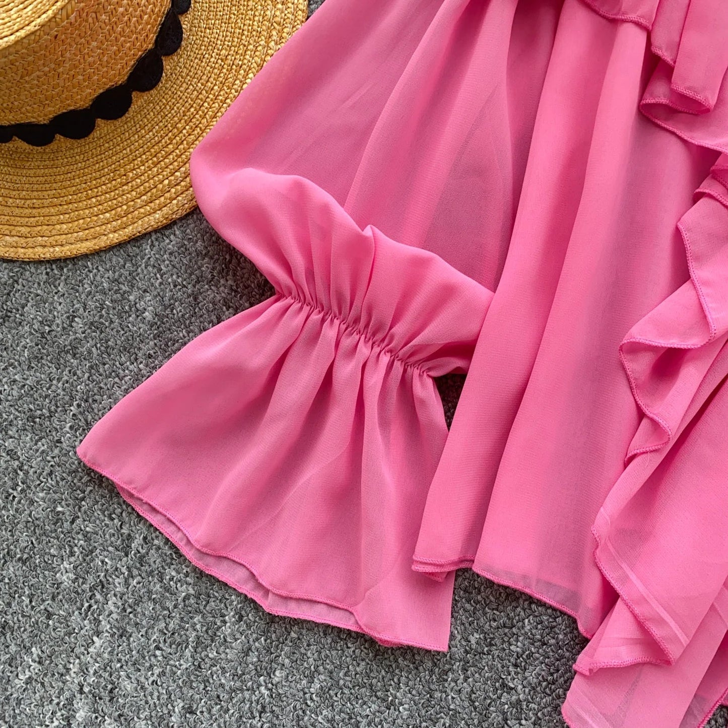 Chic Ruffles Splice Chiffon Blouse V Neck Flared Sleeve Loose Tops 2025 Fashion Solid Fairycore Vacation Women Shirt