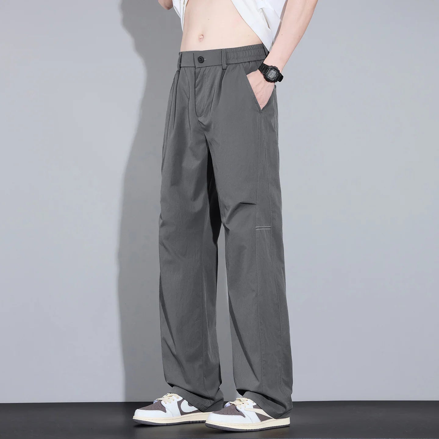 2026 New High Quality Summer Casual Pants Men Solid Color Straight Work Light Gray Outdoor Style Youth Khaki Thin Trousers Male