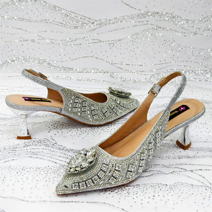 Wome High Heel for Lady 2025 Luxury Designer Orange Color Full Diamond Pointed Toe Wedding Shoe and Bag Set for Party