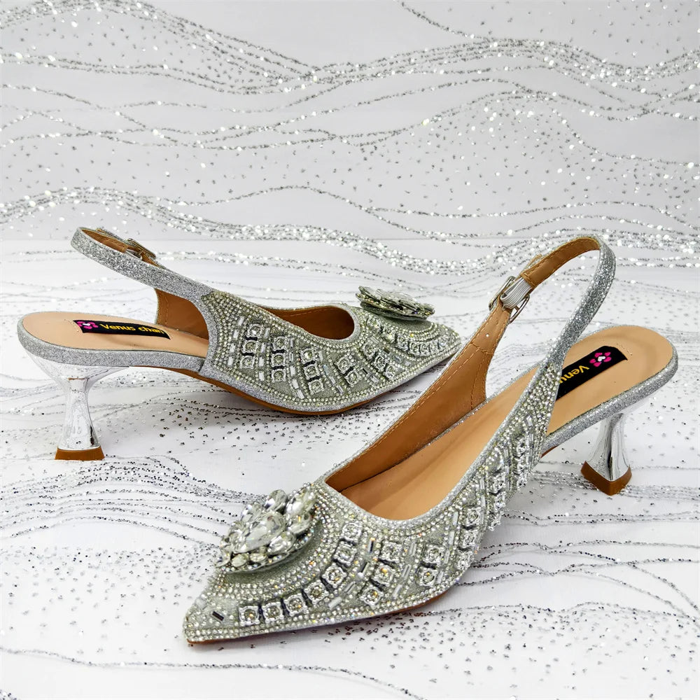 2025 Elegant Fruit Green Women's Green Heels and Rhinestone Handbag Set - Italian Design for Weddings and Parties