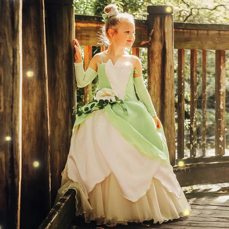 Tiana Fancy Girls Princess Costume Kid Carnival Dress Cosplay Floral LED Light Up Clothing Halloween Girls Christmas Party 2-11T