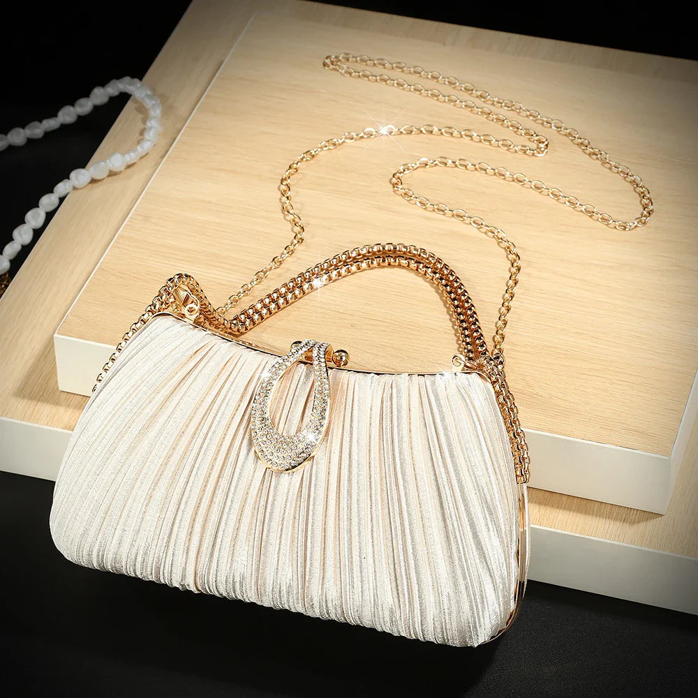 New European and American diamond-encrusted elegant pleated evening bag women's fashionable single-shoulder bag party chain h